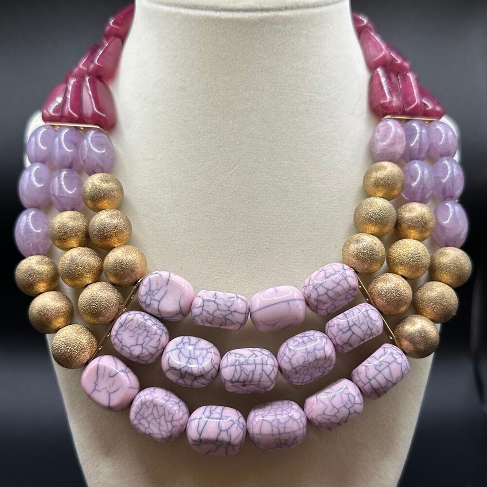 3 Strand Acrylic Beaded Necklace Purple Lavender Gold Crackled Statement  Piece